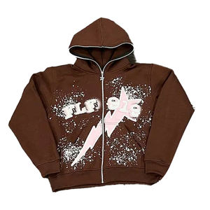 Personalizado vintage zip up Sudadera con capucha y pantalones de chándal Jogger conjunto de dos piezas de la pantalla DTG impresión chándal lavado ácido hombres chándales - Product Image 5