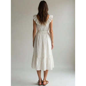 Vestido Midi Formal Elegante para Mujer, 100% Algodón, Cuello Redondo, Detalle de Botones, Cintura Imperio con Volantes, Ideal para Celebraciones, Fiestas y Graduaciones - Product Image 4