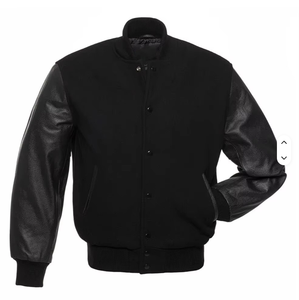Men's ALL Black Varsity <b>Jacket</b> Regular Fit Turn-down Collar Single Breasted Solid Color Casual Style - Product Image 1