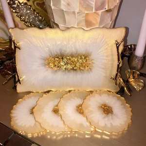 Handmade Real Resin Serving Tray with Gold Handles Decorative River Tray and 4 PCS <b>Coaster</b> Set - Product Image 1