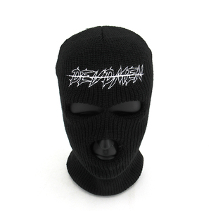 Balaclava en tricot avec logo brodé personnalisé, masque de ski avec 3 trous en acrylique, respirant, imperméable, couvre-visage d'hiver, unisexe, noir - Product Image 1
