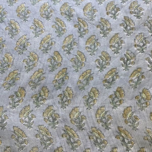 Tela de Algodón Estampada a Mano con Diseño Floral Pequeño sobre Base Gris, Estampado Buti Indio Minimalista - Product Image 1