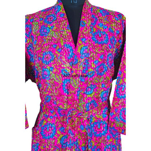 Kimono Maxi Kantha Indio Vintage Hecho a Mano para Mujer, Estilo Veraniego con Estampado Floral, Cuello en V, Cierre con Cordón, 100% Algodón, Secado Rápido y Transpirable - Product Image 3