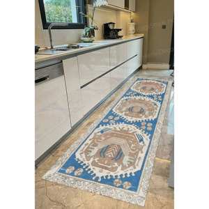 Kilim Pattern Printed <b>Rug</b>: Blue and Brown Anatolian Turkish Design,Luxury <b>Velvet</b> <b>Rug</b> - Product Image 4