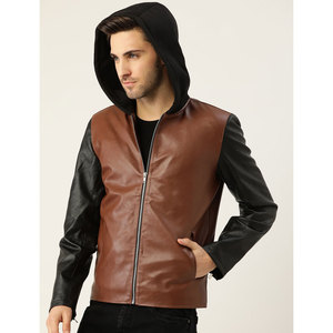 Custom Made Genuine Sheep Skin Leather <b>Jacket</b> with Canvas Fabric Stand Collar Reversible Winter Men's Fashionable Clothing - Product Image 2