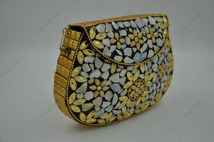 Handcrafted Floral Mother of Pearl Mosaic <b>Clutch</b> Bag with <b>Gold</b> Tone Leaf Work Luxury Evening Party Handbag for Women - Product Image 2