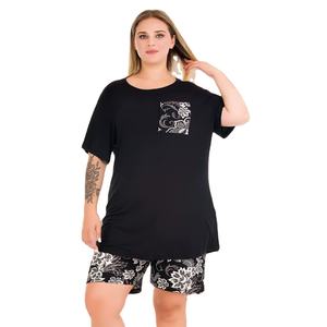 Conjunto de Pijama para Mujer Talla Grande, Camiseta de Manga Corta y Pantalones Cortos, Ropa de Dormir Cómoda de Talla Grande, Ropa para el Hogar - Product Image 1