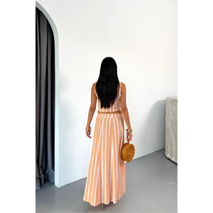 Ensemble veste et jupe longue en lin rayé pour femme en orange - Product Image 1