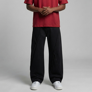 Wholesale daily wear Loose Wide Leg Streetwear Hip Hop Stretch man pant custom Embroidery Breathable solid black color man pant - Product Image 4