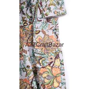Robe Kantha pour femme, courte, à imprimé floral, col en V, avec cordon de serrage, 100 % coton pur, manches trois-quarts, respirante et douce - Product Image 2