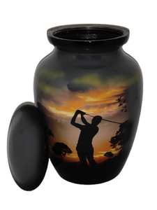 Urna Funeraria Pequeña de Aluminio para Cenizas Humanas, Diseño Encantador de Golfista, Tapa con Rosca Segura, 6 Pulgadas de Alto, 40 Pulgadas Cúbicas - Product Image 4