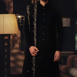 ELEGANT--DESIGN of EMBROIDERY on GROOM SHERWANI,<b>PANT</b> WITH STOLE WITH EMBELLISHED CRYSTAL GLASS BEADS,DABKA WORK for WEDDING=2024 - Product Image 1