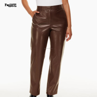 Jeans de Cuero para Mujer, Nueva Tendencia, Cintura Media, Pierna Recta, Color Marrón, Estilo Vintage, Casual, Bordado, Ecológico, Impermeable 2024