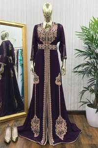 2023 Beautiful Stylized Gold Zari Embroidery on <b>Purple</b> Silk Linen Caftan <b>Dress</b> Embellished with Crystal Glass Beads & Dabka Work - Product Image 2