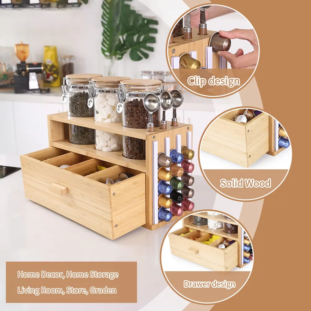 OKSQW Bamboo Wooden Coffee Capsule Drawer Coffee Pod Holder Coffee Station Organizer for Countertop