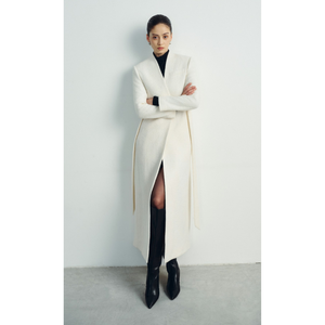 การออกแบบใหม่ที่ดีที่สุด NAAMAH เสื้อโค้ททําด้วยมือราคาโรงงานผู้หญิงเสื้อโค้ทยาวพร้อมสายรัดทวีดขนสัตว์เสื้อหนาวสําหรับผู้หญิงขาว - Product Image 1