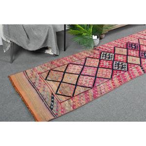 Alfombra étnica de área grande de 2,3x10,7 pies, patrón de retazos turco Vintage, Material de lana rosa y naranja, respaldo de látex para pasillo y dormitorio - Product Image 1