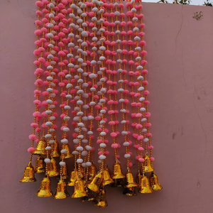White Pink Pom Pom Garland With Bell <strong>Strings</strong> Decorative <strong>Backdrop</strong> for Weddings Festivals Parties Home Temple Christmas Decor - Product Image 1