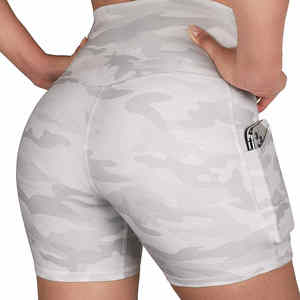 Pantalones cortos de Yoga de entrenamiento con estampado de cintura alta para mujer de nuevo diseño de sublimación con 2 bolsillos ocultos, pantalones cortos atléticos con control de barriga - Product Image 4