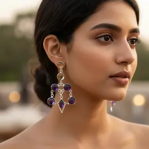 Bijoux en argent 925 pour femmes, élégantes boucles d'oreilles pendantes en améthyste, accessoire de mode - Product Image 1