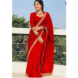 Tela de terciopelo puro para fiesta de boda, diseño elegante y bonito, Saree con encaje bordado, venta al por mayor, Surat