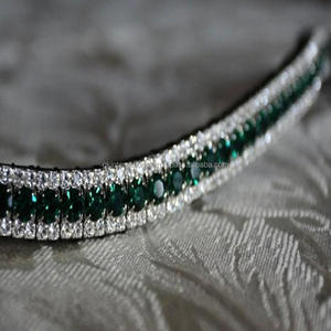 Recién llegado, calidad de exportación, hecho a mano, personalizado, 3 filas, verde oscuro y cristales transparentes, banda para cejas de caballo de cuero inglés negro - Product Image 1