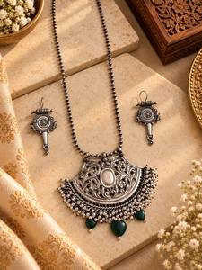 Designer Chitai Work Pendant Necklace for Women | <b>Handmade</b> Brass <b>Jewellery</b> with Pure <b>Silver</b> Design | Free Matching Earrings - Product Image 5