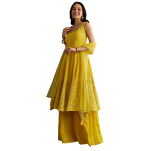 Amarillo una línea Georgette Kurta Palazzo traje al por mayor mujeres Ropa Étnica OEM proveedor de fábrica de ropa personalizada traje de fiesta - Product Image 1