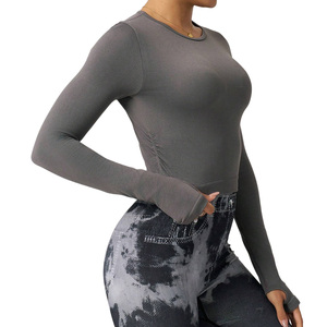 OEM <b>Women</b> Printed Washed <b>Compression</b> Workout <b>Top</b> Long Sleeve Moisture Wicking Stretchable Eco-Friendly Windproof Yoga Training - Product Image 1