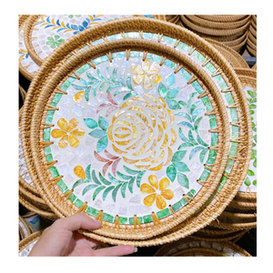 Plateau de service en rotin de haute qualité avec incrustation de nacre, plateau en osier fait à la main pour un usage domestique - Product Image 1