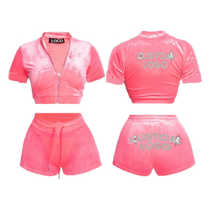 Conjunto de dos piezas de verano para mujer, pantalones cortos de manga corta con cremallera completa de terciopelo con decoración de encaje, venta al por mayor - Product Image 6