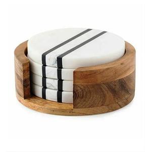 Marble Wooden <b>White</b> Native Marble <b>Coasters</b> Natural Wood and Marble Mango <b>coaster</b> Made in India - Product Image 1