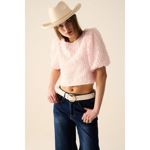 Top Corto Rosa con Detalle de Lentejuelas y Mangas Abullonadas, Silueta Recta - Product Image 3