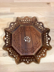 Cuenco de madera tallado a mano vintage y bandeja con incrustaciones hecha en India elegante bandeja de madera para servir para decoración del hogar - Product Image 6