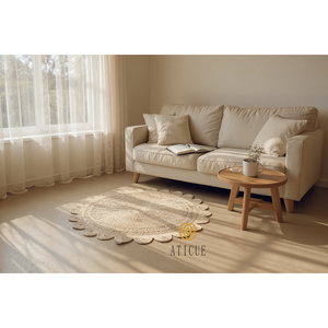 Tapis rond en corde de jonc de mer de 90 cm de diamètre avec bords festonnés, tissé à la main, tapis de sol naturel bohème pour la maison - Product Image 1