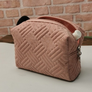 Bolsa de cosméticos acolchada de tela pequeña, bolsa de lápiz labial rosa portátil, neceser de viaje - Product Image 3