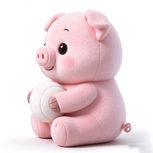 Peluche único de cerdito rosa, adorable y tierno, en pose sentada, con grandes ojos negros redondos, mejillas rosadas, sosteniendo una suave pelota de peluche blanca. - Product Image 6