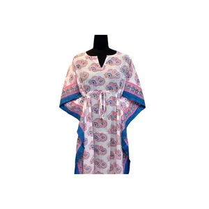 Boubou Kaftan Gratis Ukuran India Blok Tangan Dicetak Panjang Gratis Ukuran Kaftan Loungewear Dalam Katun Lembut Voile untuk Dijual