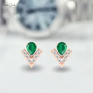 Zambian Emerald Dainty Studs 14K Oro sólido Push Back Earring 0.3Cts Piedras preciosas y pendientes redondos de diamantes a precio mayorista