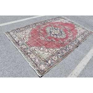 Alfombra de lana de retazos vintage de 5,7x9,3 pies, alfombra de tejido plano turco para sala de estar, roja y beige con respaldo de látex - Product Image 3