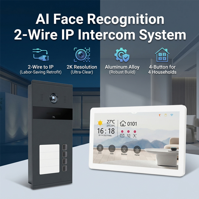 Hiwink 2Wire IP Video Intercom System with Face Recognition 4 Buttons 2K Door Station Metal Waterproof Intercom for 4 Apartments