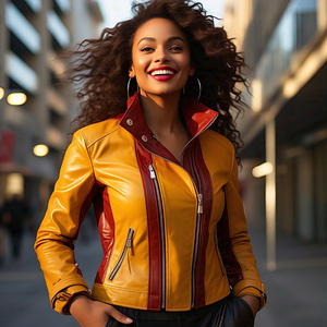 Chaqueta de cuero estilo motorista para mujer, abrigo de cuero amarillo profesional para mujer, chaqueta de cuero de moda de oveja ajustada para mujer - Product Image 5