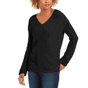 Maglietta da Donna Charter Club a Maniche Lunghe con Scollo a V, Casual in Raso Lavorato a Maglia, Semplice con Ricamo, Disponibile in Nero, Taglie XS-XL e Petite - Product Image 1