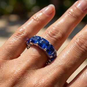 KING O KING Classic Cushion Natural Sapphire Eternity <b>Ring</b> for Women's Party Occasions 18k White Gold Channel Setting - Product Image 2
