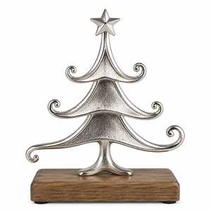 Figurine d'arbre de Noël en métal artisanal avec base en bois, décoration de table moderne pour les fêtes, pour le salon, la maison, l'hôtel - Product Image 1