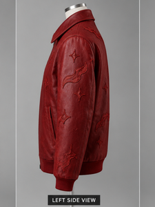 Blouson Bomber Moto Homme en Cuir PU Rouge, Zippé, Brodé, Gaufré, à Paillettes, Style Vintage, Vêtement d'extérieur Hiver - Product Image 4