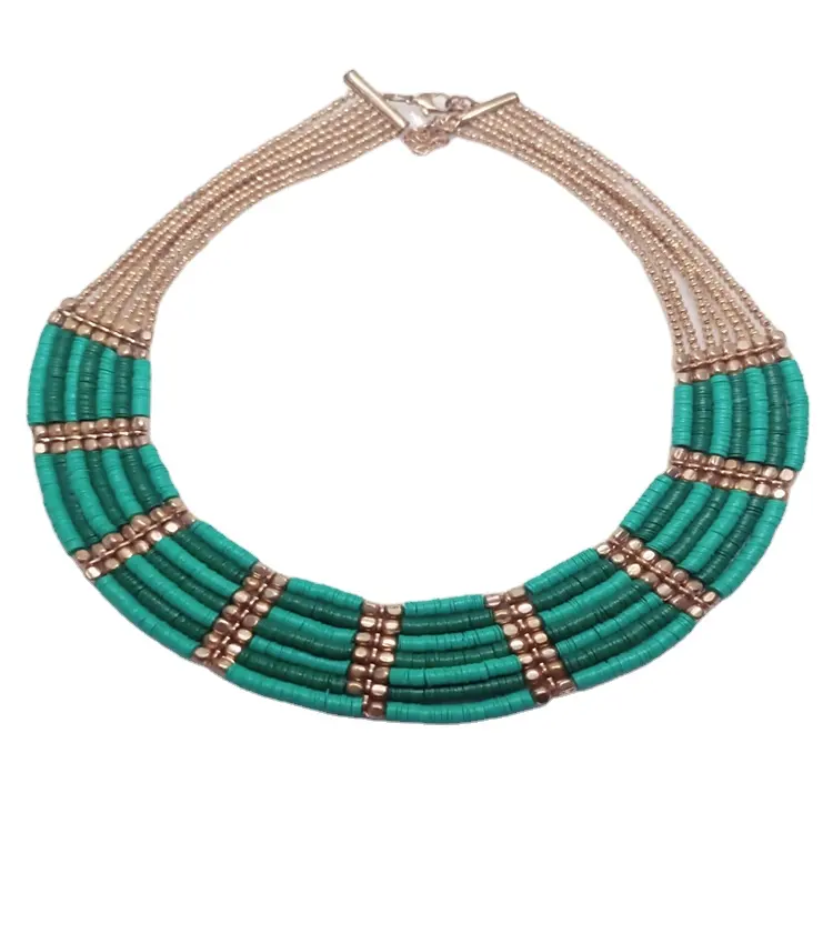 Turquoise sequin and golden bead multi strand statement necklace New Arrival Multi layered bead neck piece