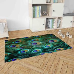 Tapis imprimé : Tapis moderne coloré à motif de plumes de paon, vert, pour intérieur, chambre d'enfant ou mariage, avec poils doux - Product Image 3