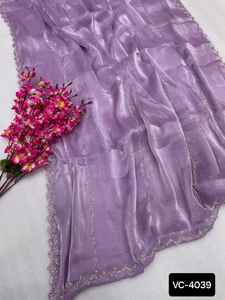 Último Modelo de Sari Jimmi Choo para Mujer con Bordado Hend Work, Sari de Seda Kachivaram, Sari de Algodón y Seda Cruda Hecho a Mano con Blusa - Product Image 5