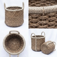 Ensemble de paniers de rangement en jacinthe d'eau naturelle et jonc de mer, tressés épais avec poignée en arche, pot cylindrique, décoration artistique pure pour la maison
